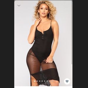 Black dress, body suit/with mesh.